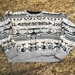 Vintage Expressions Mens Geometric Abstract Crewneck‎ Sweater Black White Teal L